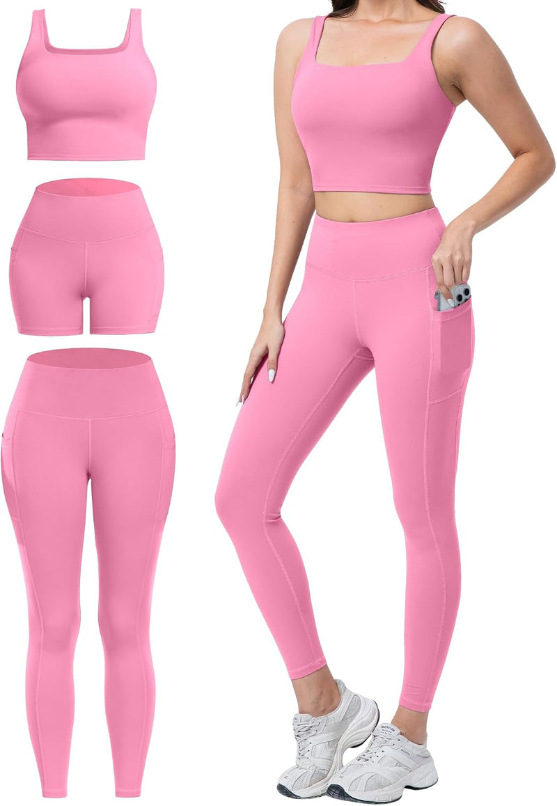 3 Piece Workout Sets for Women High Waisted Leggings with Pockets Biker Shorts Yoga Sports Bra