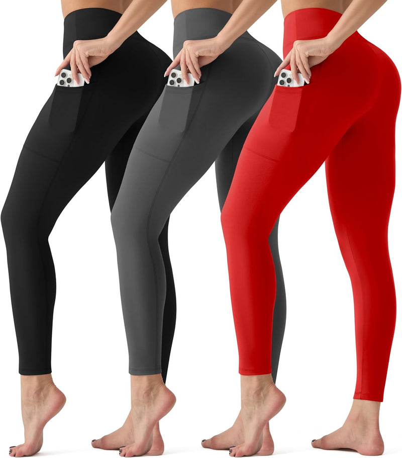 3 Pack Leggings with Pockets for Women,High Waisted Tummy Control Workout Yoga Pants Reg & Plus Size