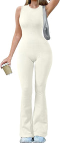 Women Yoga Jumpsuits Ribbed Crew Neck Sleeveless Bell Bottoms Flare Jumpsuits